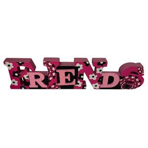 Decorative Wooden "Friends" Block Sign 13 Inches Long Pink & Black Floral Design